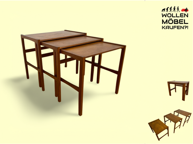 WMK # Stilvoller und gut erhaltener skandinavischer 3-in-1 Satztisch aus edlem Teakholz im minimalistischen Design # Beistelltisch Couchtisch Coffee Table Danish Design Mid-Century Vintage Teak 60er