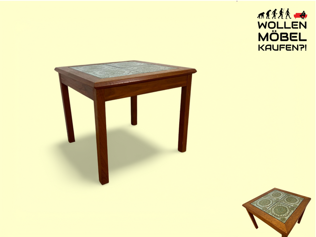 WMK Stilvoller & sehr gut erhaltener skandinavischer Couchtisch in Teakholz mit kunstvoll gestalteten Fliesen # Fliesentisch Beistelltisch Coffee Table Danish Design Mid-Century Vintage 60er 70er Teak