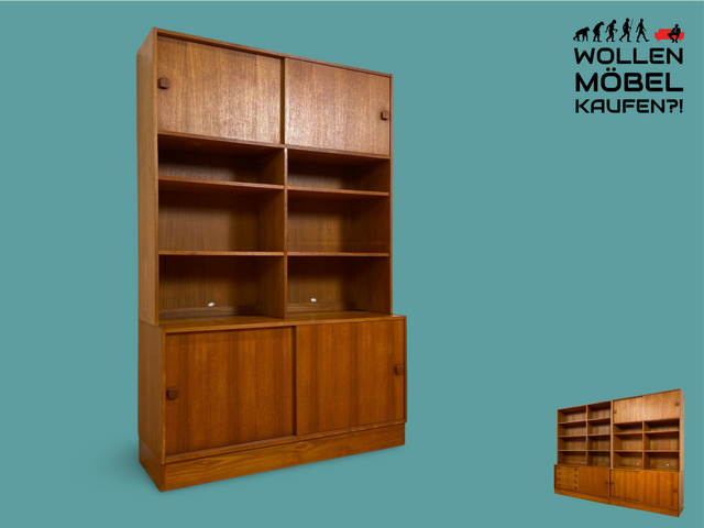 WMK I Stilvoller skandinavischer Designer Bücherschrank von Domino Møbler in Teakholz mit Schiebetür I Bücherregal Regal Highboard Sideboard Kommode Danish Design Mid-Century Vintage Teak Hamburg Köln