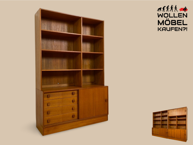 WMK I Stilvoller skandinavischer Designer Bücherschrank von Domino Møbler in Teakholz mit Schiebetür & Schubladen I Bücherregal Regal Highboard Sideboard Kommode Danish Design Mid-Century Vintage Teak