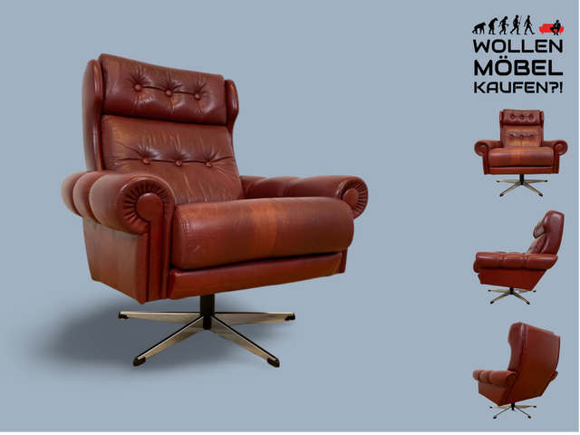 WMK I Äußerst gemütlicher skandinavischer Drehsessel mit gestepptem rotem Echtleder Bezug mit schöner Patina I Sessel Ledersessel Fernsehsessel Loungesessel Drehsessel Ohrensessel Space Age Vintage
