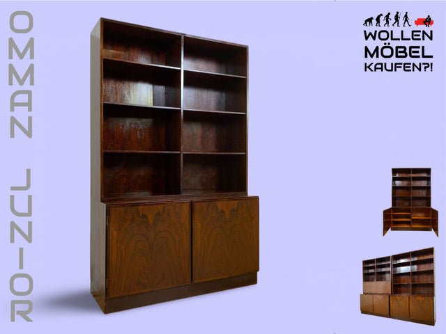 WMK I Stilvoller skandinavischer Mid-Century Designer Bücherschrank by Omann Junior in Palisander m. verstell. Regalböden I Bücherregal Regal Highboard Sideboard Schrank Rosewood Danish Design Vintage