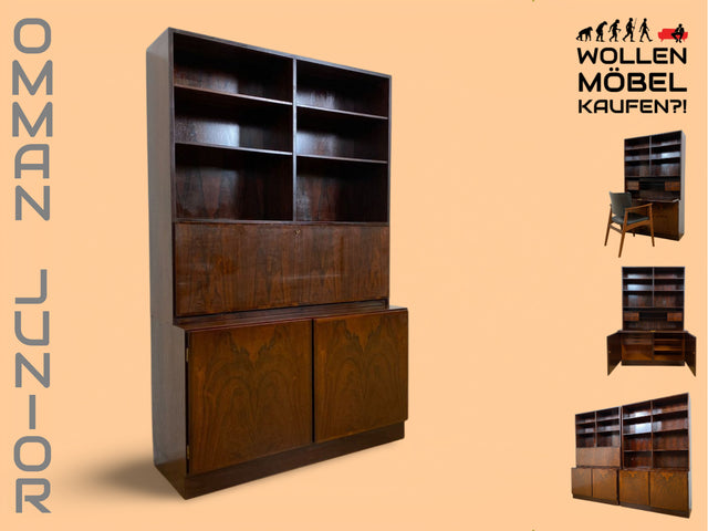 WMK I Stilvoller skandinavischer Mid-Century Designer Schreibschrank by Omann Junior in Palisander I Sekretär Bücherregal Regal Highboard Sideboard Schrank Schreibtisch Rosewood Danish Design Vintage