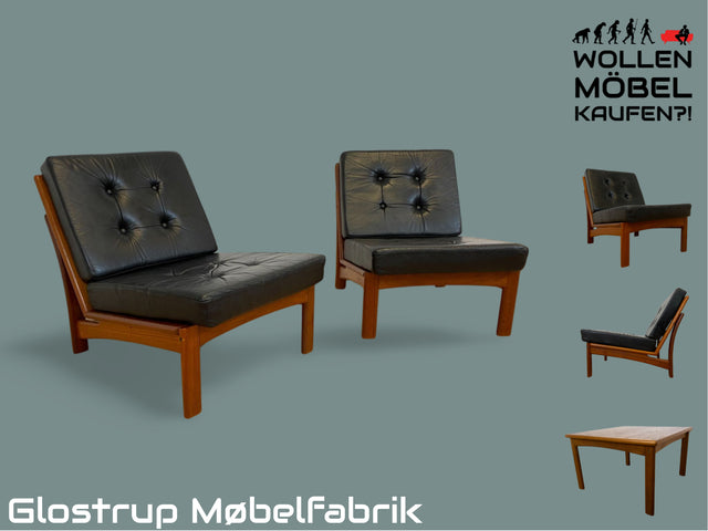 WMK # 1/2 Stilvoller skandinavischer Mid-Century Designersessel von Glostrup Møbelfabrik, Echtleder & Teakholz Rahmen # Sessel Ledersessel Armchair Sitzgarnitur Danish Design Vintage Teak Leather 60er