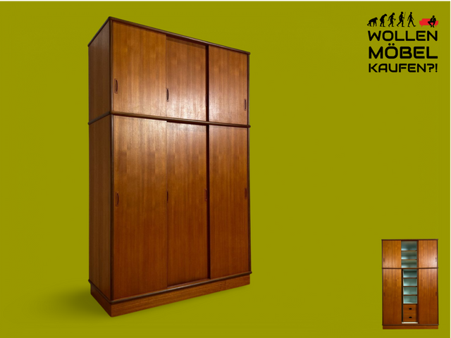 WMK # Hochwertiger skandinavischer Mid-Century Kleiderschrank mit Schiebetüren & Schubladen , Vollholz in Teak # Schrank Schlafzimmerschrank Wäscheschrank Wardrobe Danish Design Vintage Teakholz 60er