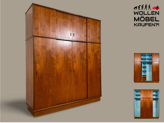 WMK I Stilvoller großer skandinavischer Mid-Century Kleiderschrank mit Schiebetüren und Schubladen, Vollholz in Teak I Schrank Schlafzimmerschrank Wäscheschrank Wardrobe Danish Design Vintage Berlin