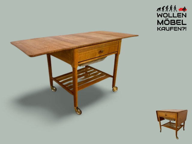 WMK I Besonders schöner skandinavischer Mid-Century Nähtisch auf Rollen & aufklappbar I Beistelltisch Kommode Nähkommode Schminkkommode Schminktisch Ablage Servierwagen Vintage Berlin Bielefeld Celle