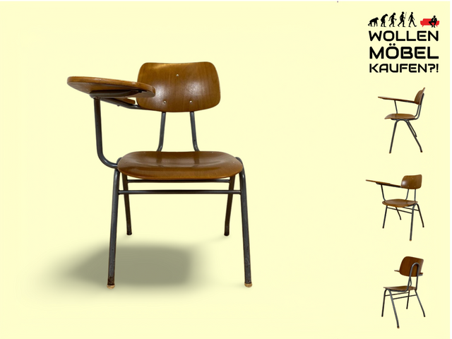 WMK # Seltener und praktischer skandinavischer Mid-Century Schulstuhl mit Schreibpult auf Metallrahmen # Seminarstuhl Stuhl Kinderschreibtisch Holzstuhl Schreibtischstuhl Kollegstuhl 60er 50er Vintage