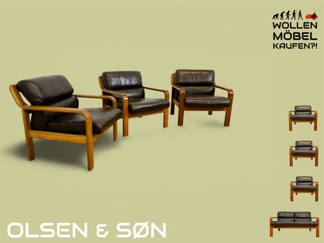 WMK # 1/3 Stilvoller skandinavisches Mid-Century Designersessel von L. Olsen & Søn Møbelfabrik mit Echtleder Bezug & Teakholz Rahmen # Sessel Armchair Sitzgarnitur Danish Design Vintage Teak Leather