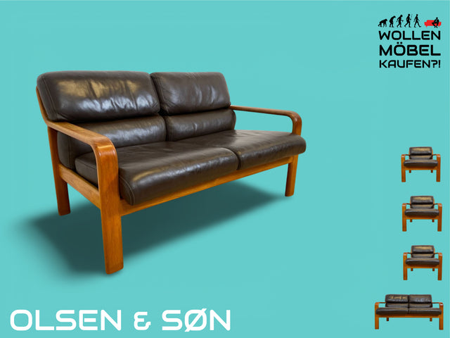 WMK # Rares skandinavisches Mid-Century Designersofa von L. Olsen & Søn Møbelfabrik mit Echtleder Bezug & Teakholz Rahmen # 2er Ledercouch Ledersofa Sofa Couch Sitzgarnitur Danish Design Vintage Teak