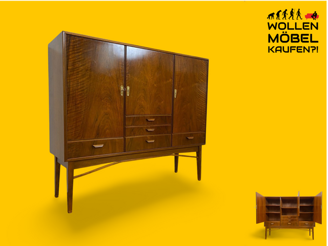 WMK # Hochwertiges & sehr gut erhaltenes skandinavisches Mid-Century Highboard aus vollem Holz mit Schubladen & formschönen Holzgriffen # Schrank Sideboard Wäscheschrank Wohnzimmerschrank Vintage 60er