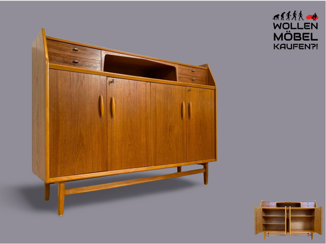 WMK # Elegantes skandinavisches Mid-Century Highboard aus vollem Holz in Teak mit Schubladen # Sideboard Schrank Kommode Wäschekommode Cabinet Danish Design Vintage Teakholz 60er Berlin Köln München