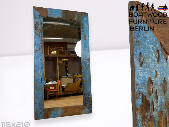 Boatwood by WMK I Meeresblauer 100x200cm großer Spiegel I handgefertigtes Unikat aus altem Bootsholz in Originalfarbe I Wandspiegel Standspiegel Ganzkörperspiegel Flurspiegel Garderobe Berlin Hof Ulm