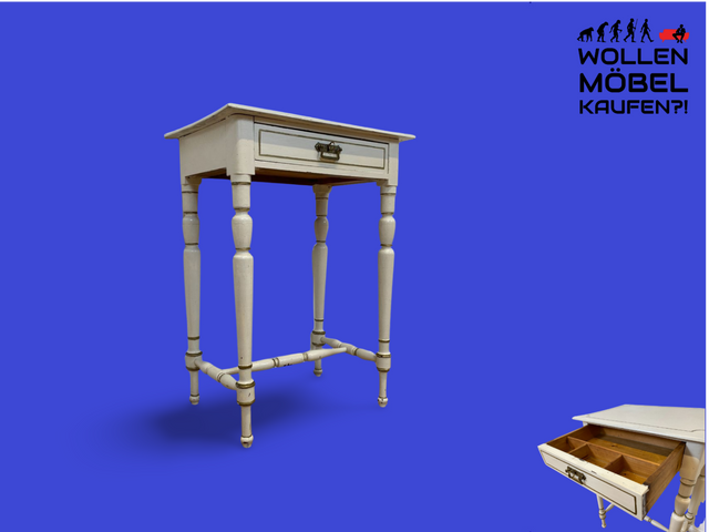 WMK # Sehr hübsche kleine weiße antike Nähkommode aus vollem Holz mit gedrechselten Füßen, Schublade und Messingriff # Kommode Beistelltisch Flurkommode Schminktisch Konsole Säule Jugendstil Vintage