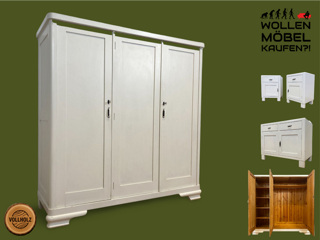 WMK I Schöner weißer 1930er Jahre Art Deco Kleiderschrank aus vollem Holz mit hübschen Originalgriffen I Schrank Schlafzimmerschrank Wäscheschrank Dielenschrank Bauernschrank Jugendstil Antik Vintage