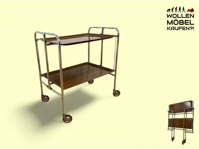 WMK # Kultiger & sehr gut erhaltener faltbarer Servierwagen aus den 1970er Jahren mit Chromgestell und auf Rollen # Barwagen Teewagen Beistelltisch Couchtisch Vintage Industrial Design Space Age