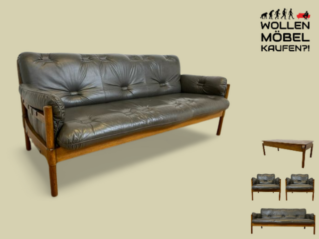 WMK I Hochwertiges 70er Jahre Sofa im Stile von Jean Gillon & Arne Norell mit Echt Leder Bezug & Holzrahmen aus Eiche I Couch Sitzgarnitur 3er 3-Sitzer Danish Design Skandinavisch Mid-Century Vintage