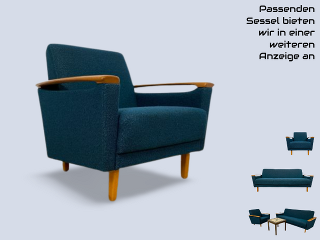 WMK I Stilvolles Mid-Century Klappsofa mit verstellb. Armlehnen, Bettwäschefach & petrol blauem Originalbezug I Sofa Couch 3-Sitzer 3er Daybed Sitzgarnitur Schlaf Klapp Retro Vintage 60er Berlin Köln