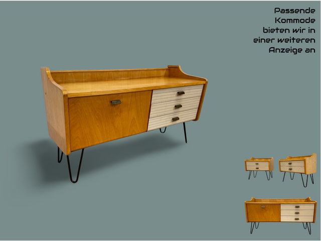 WMK # 1/2 Schöner & gut erhaltener Mid-Century Nachttisch mit Schubladen & schwarzen Hairpin Metallfüßen # Nachtschrank Nachtkommode Nachtschränkchen Bedside Table Kommode Vintage DDR 50er 60er Berlin
