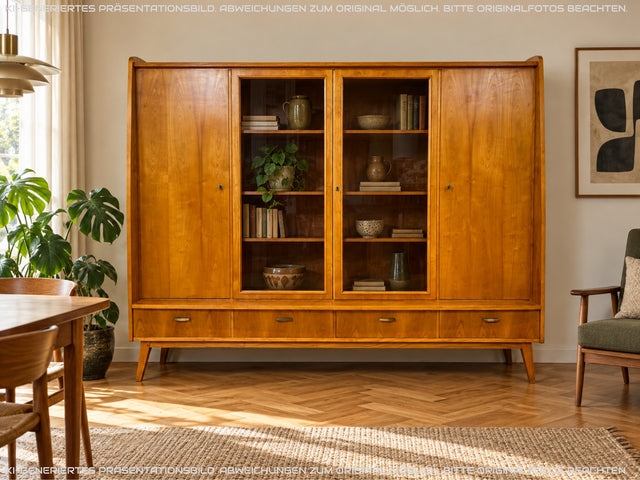 WMK I Stilvoller heller Mid-Century Wohnzimmerschrank mit Vitrine und Schubladen I Highboard Bücherschrank Büchervitrine Schrank Sideboard Glasvitrine 50er 60er Vintage I