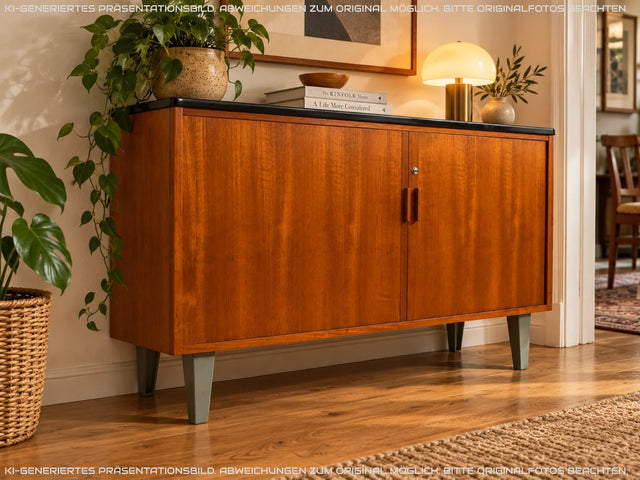 Stilvolles skandinavisches Vintage Sideboard in Teakholz mit Lamellen Schiebetüren und Metallfüßen I Kommode Schrank Tv Lowboard Aktenschrank Schuhkommode Mid-Century I