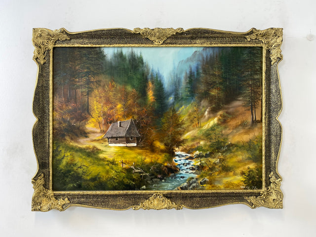 WMK Friendly &amp; very well painted oil on canvas landscape painting, 111x80cm, signed with PR98, in well-preserved stucco frame in gold # Painting Picture Wall Painting Oil Painting Gold Frame Vintage