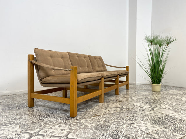 WMK Stilvolles, gemütliches und gut erhaltenes Vintage Sofa im Safari Stil mit hochwertigem gestepptem Stoffbezug # Couch 3er 3-Sitzer Sitzgarnitur Daybed Mid-Century Skandinavisches Design Retro