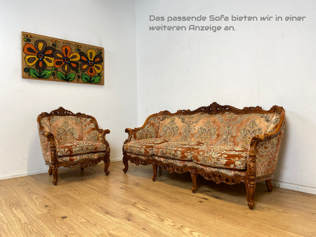 WMK Pompöser und sehr gut erhaltener Vintage Sessel im Stile des Barock mit edlem Brokat Bezug und reichverziertem Holzrahmen # Armchair Stuhl Sitzgarnitur Rokoko Chippendale Stilmöbel Altrosa