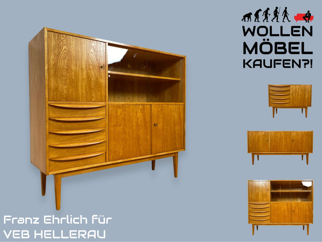 WMK I Versand 85€ I Stilvolle Mid-Century Designer Vitrine 602/G von Franz Ehrlich für VEB Hellerau in Senesche I Schrank Anrichte Highboard Sideboard DDR Vintage 60er I Berlin München Stuttgart