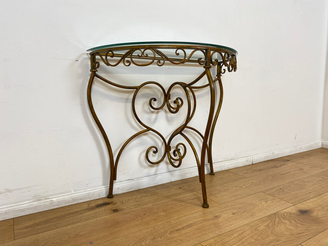 WMK # Einzelstück! Elegante und gut erhaltener handgefertigte Konsole aus kunstvollem Metallgestell in gold mit Glasauflage # Tischkonsole Metallkonsole Ablage Tisch Beistelltisch Flurkommode Vintage