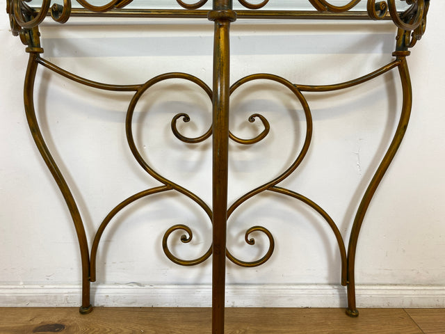 WMK # Einzelstück! Elegante und gut erhaltener handgefertigte Konsole aus kunstvollem Metallgestell in gold mit Glasauflage # Tischkonsole Metallkonsole Ablage Tisch Beistelltisch Flurkommode Vintage