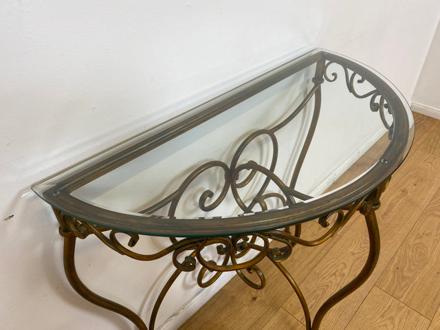 WMK # Einzelstück! Elegante und gut erhaltener handgefertigte Konsole aus kunstvollem Metallgestell in gold mit Glasauflage # Tischkonsole Metallkonsole Ablage Tisch Beistelltisch Flurkommode Vintage