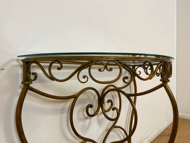 WMK # Einzelstück! Elegante und gut erhaltener handgefertigte Konsole aus kunstvollem Metallgestell in gold mit Glasauflage # Tischkonsole Metallkonsole Ablage Tisch Beistelltisch Flurkommode Vintage