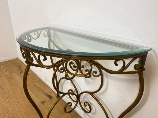 WMK # Einzelstück! Elegante und gut erhaltener handgefertigte Konsole aus kunstvollem Metallgestell in gold mit Glasauflage # Tischkonsole Metallkonsole Ablage Tisch Beistelltisch Flurkommode Vintage