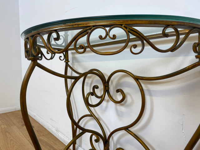 WMK # Einzelstück! Elegante und gut erhaltener handgefertigte Konsole aus kunstvollem Metallgestell in gold mit Glasauflage # Tischkonsole Metallkonsole Ablage Tisch Beistelltisch Flurkommode Vintage