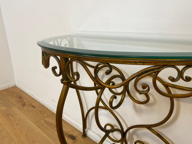 WMK # Einzelstück! Elegante und gut erhaltener handgefertigte Konsole aus kunstvollem Metallgestell in gold mit Glasauflage # Tischkonsole Metallkonsole Ablage Tisch Beistelltisch Flurkommode Vintage