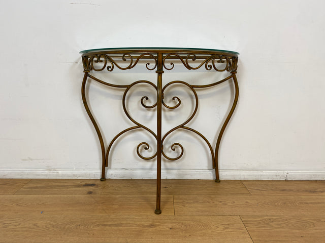 WMK # Einzelstück! Elegante und gut erhaltener handgefertigte Konsole aus kunstvollem Metallgestell in gold mit Glasauflage # Tischkonsole Metallkonsole Ablage Tisch Beistelltisch Flurkommode Vintage