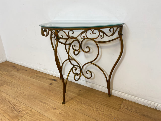 WMK # Einzelstück! Elegante und gut erhaltener handgefertigte Konsole aus kunstvollem Metallgestell in gold mit Glasauflage # Tischkonsole Metallkonsole Ablage Tisch Beistelltisch Flurkommode Vintage