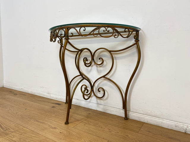 WMK # Einzelstück! Elegante und gut erhaltener handgefertigte Konsole aus kunstvollem Metallgestell in gold mit Glasauflage # Tischkonsole Metallkonsole Ablage Tisch Beistelltisch Flurkommode Vintage