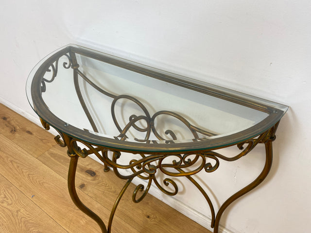 WMK # Einzelstück! Elegante und gut erhaltener handgefertigte Konsole aus kunstvollem Metallgestell in gold mit Glasauflage # Tischkonsole Metallkonsole Ablage Tisch Beistelltisch Flurkommode Vintage