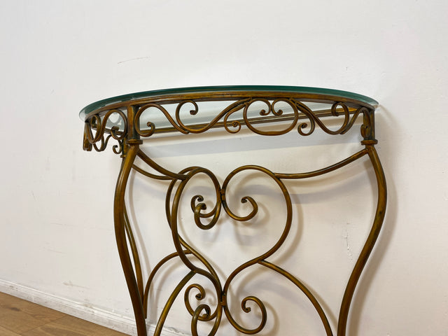 WMK # Einzelstück! Elegante und gut erhaltener handgefertigte Konsole aus kunstvollem Metallgestell in gold mit Glasauflage # Tischkonsole Metallkonsole Ablage Tisch Beistelltisch Flurkommode Vintage