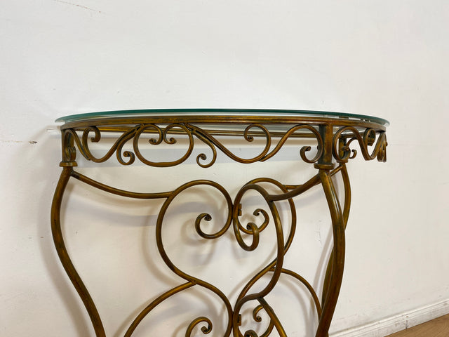 WMK # Einzelstück! Elegante und gut erhaltener handgefertigte Konsole aus kunstvollem Metallgestell in gold mit Glasauflage # Tischkonsole Metallkonsole Ablage Tisch Beistelltisch Flurkommode Vintage
