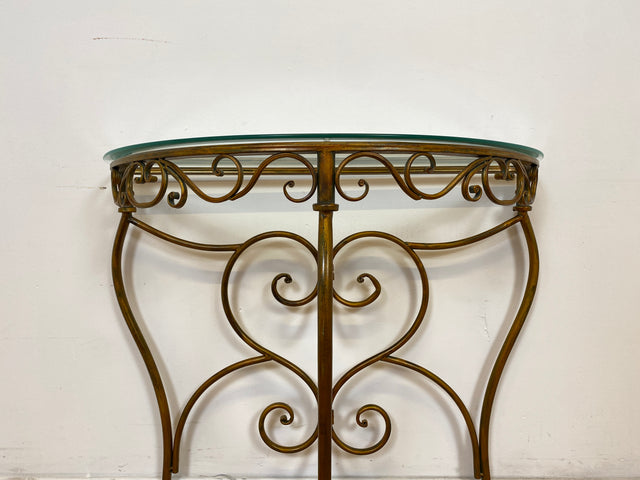 WMK # Einzelstück! Elegante und gut erhaltener handgefertigte Konsole aus kunstvollem Metallgestell in gold mit Glasauflage # Tischkonsole Metallkonsole Ablage Tisch Beistelltisch Flurkommode Vintage