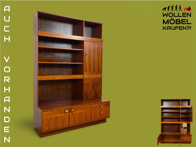 WMK Hochwertiger und sehr gut erhaltener skandinavische Bücherschrank in Palisander mit Vitrine & edlen Messinggriffen # Regal Bücherregal Wohnzimmerschrank Highboard Sideboard Rosewood Vintage Design