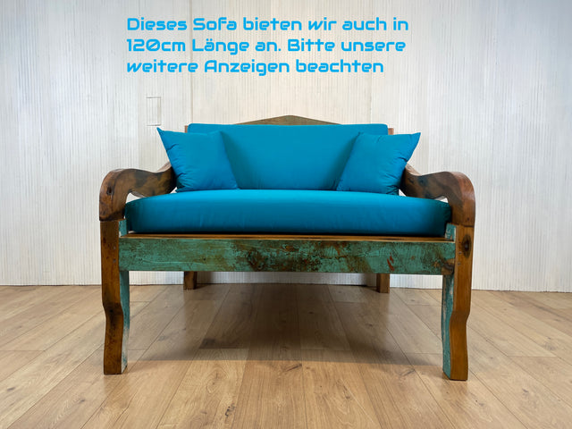 Boatwood by WMK # Besonderes Sofa aus altem Bootsholz, ein handgefertigtes Unikat aus massivem Teakholz mit neuer Polsterung & Kissen in schönem Blau # Couch Daybed Liege Bigsofa Loveseat Bootsmöbel