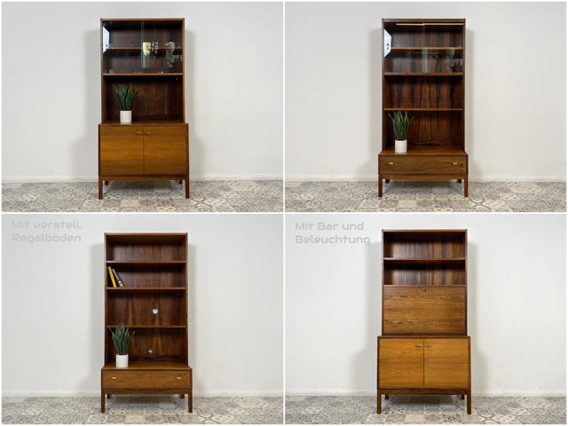 WMK Stilvoller & gut erhaltener skandinavischer Bücherschrank mit Vitrine , verstellb. Regalböden & Schublade , in edlem Palisander # Regal Bücherregal Highboard Kommode Rosewood Mid-Century Vintage