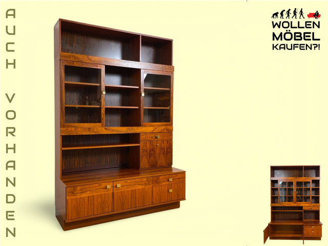 WMK Hochwertiger und sehr gut erhaltener skandinavische Bücherschrank in Palisander mit Vitrine & edlen Messinggriffen # Regal Bücherregal Wohnzimmerschrank Highboard Sideboard Rosewood Vintage Design