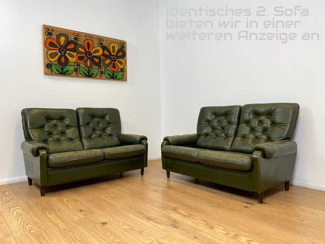 WMK # Stilvolles & äußerst bequemes skandinavisches Ledersofa mit gestepptem Echtleder Bezug in grün mit charaktervoller Alterspatina # 2er Sofa Couch Ledercouch 2-Sitzer Chesterfield Leder Vintage