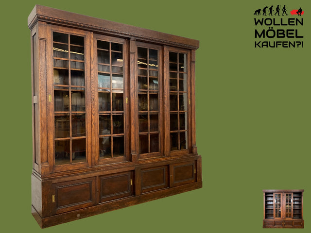 Hochwertige handverzierte Vintage Vitrine im antikem Stil aus massiver Eiche mit Schiebetüren I Büchervitrine Bücherschrank Bücherregal Regal Glasvitrine Wohnzimmerschank Jugendstil Gründerzeit I