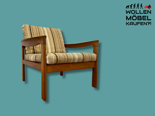 WMK I Stilvoller skandinavischer Mid-Century Sessel von Komfort mit gestreiftem beigem Originalbezug & Teakholz Rahmen